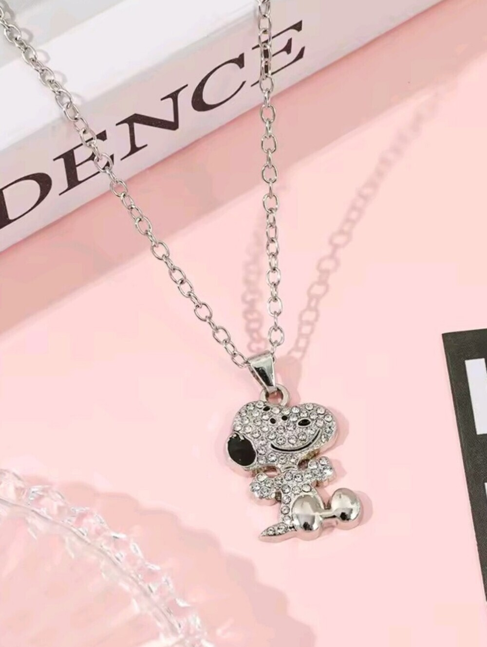 Snoopy Rhinestone Necklace Cartoon Dog Pendant Silver Tone Chain